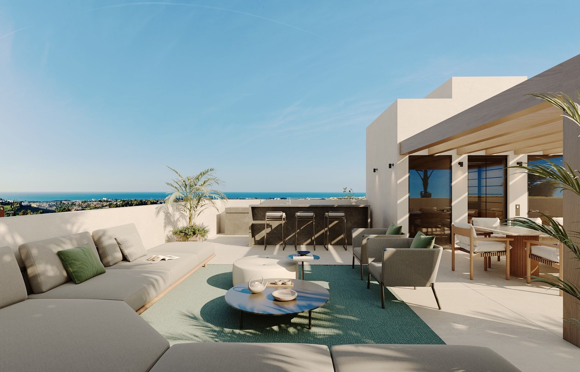 Lounge seating area with sliding doors to terrace in new-build villa, San Pedro