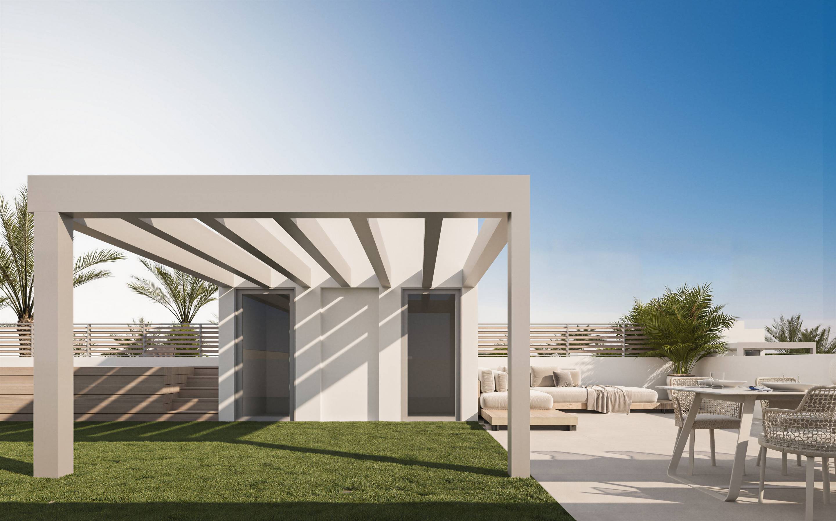 Open-plan living area with floor-to-ceiling glazing and terrace access in new-build villa, San Pedro, Marbella