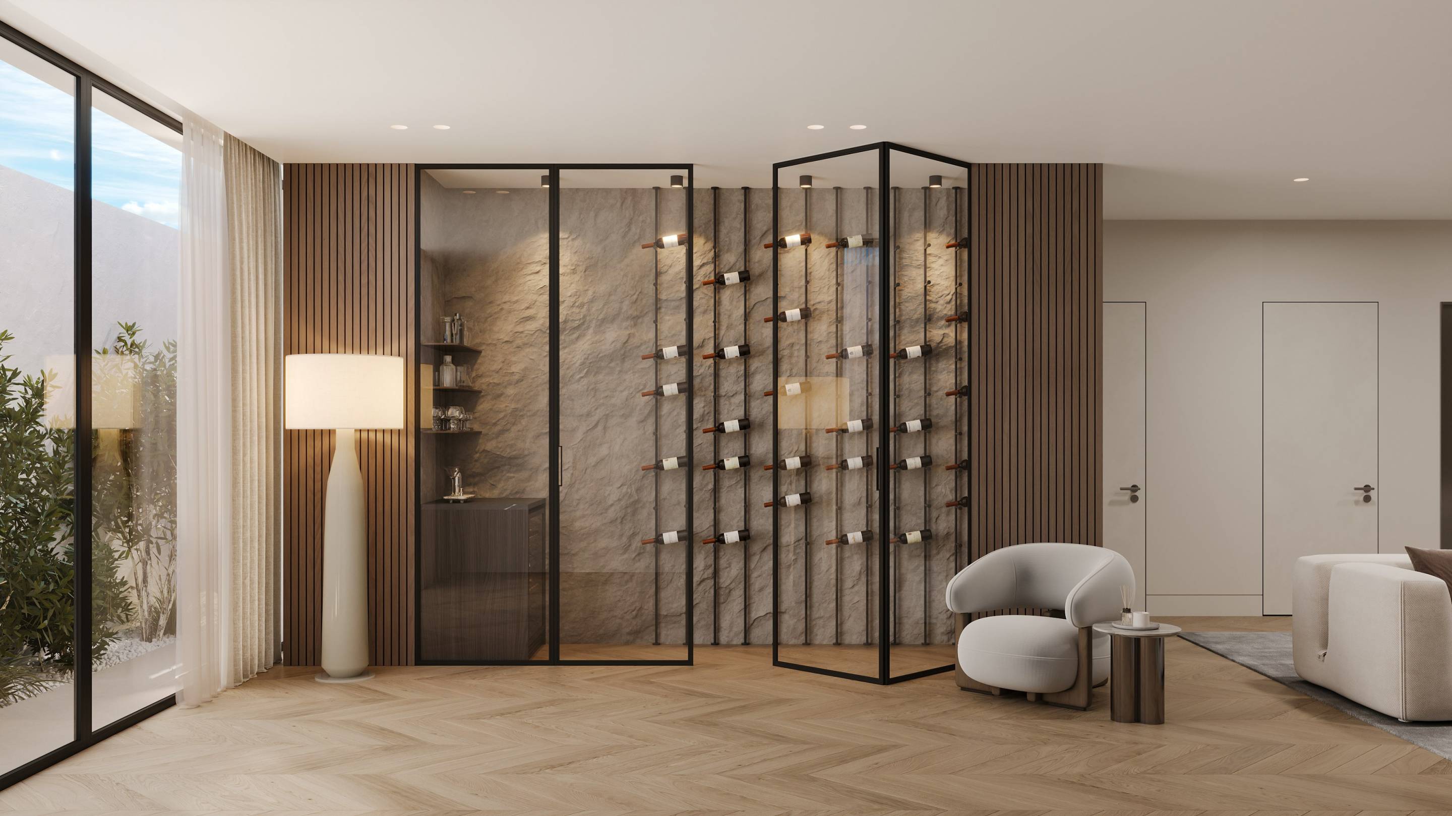 Living room with sliding terrace doors in new-build villa, San Pedro, Marbella
