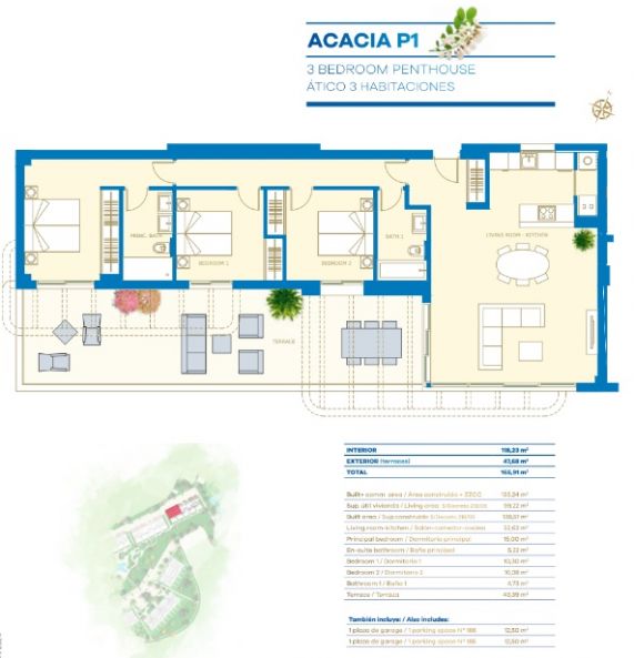 Floor plan showing layout of 3-bedroom penthouse on third floor, La Cala de Mijas