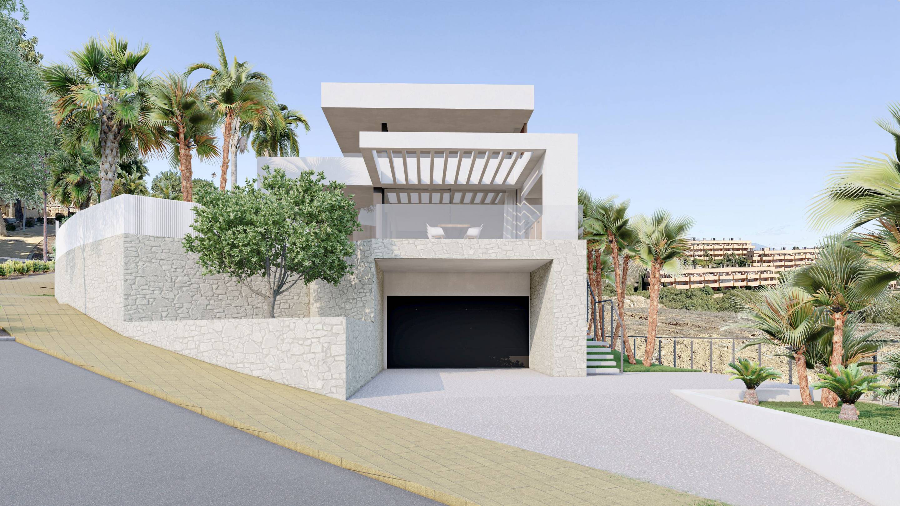 Side view of villa exterior and plot, Bahia de las Rocas, Manilva