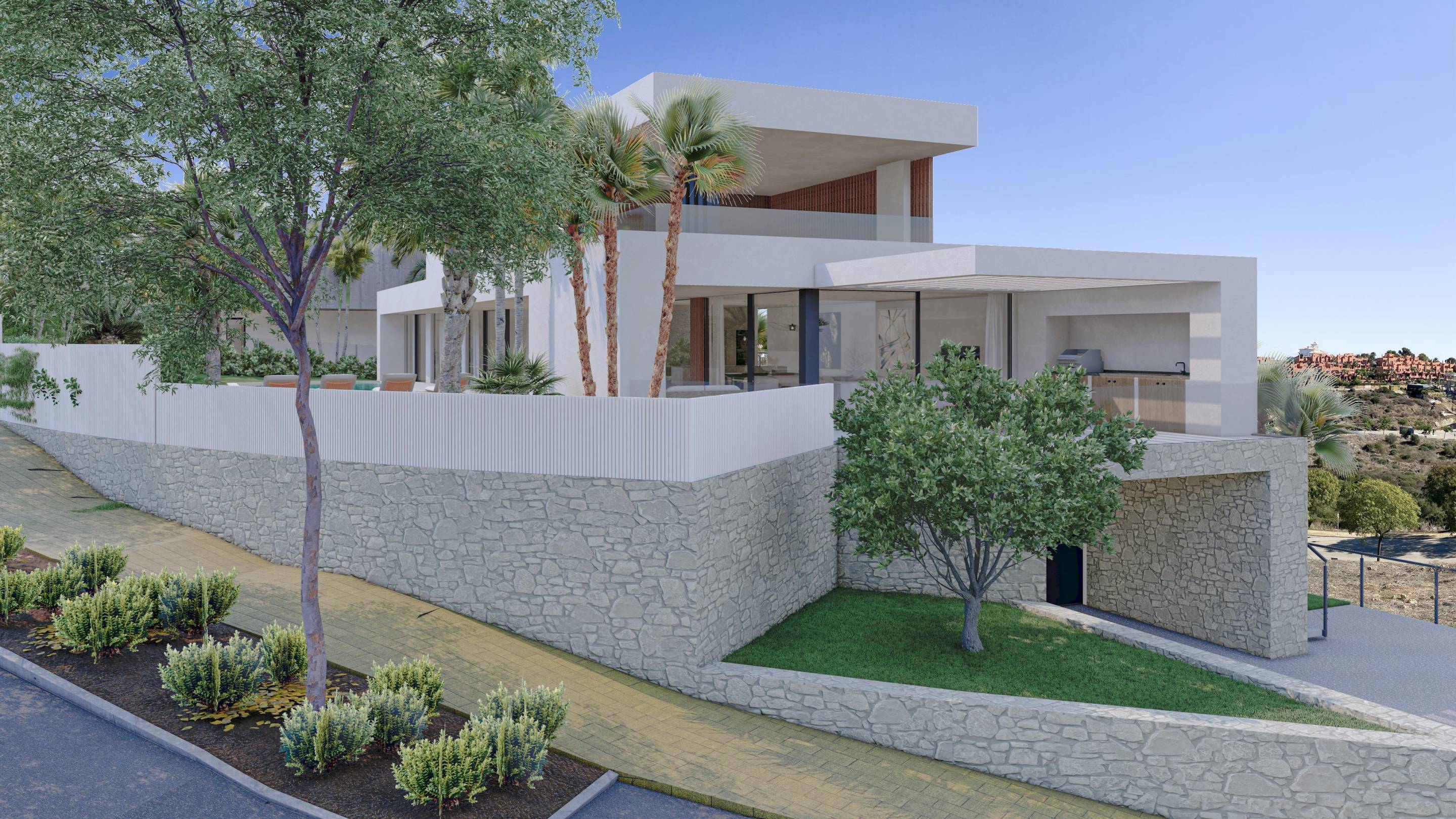 Street approach to new-build villa, Bahia de las Rocas, Manilva