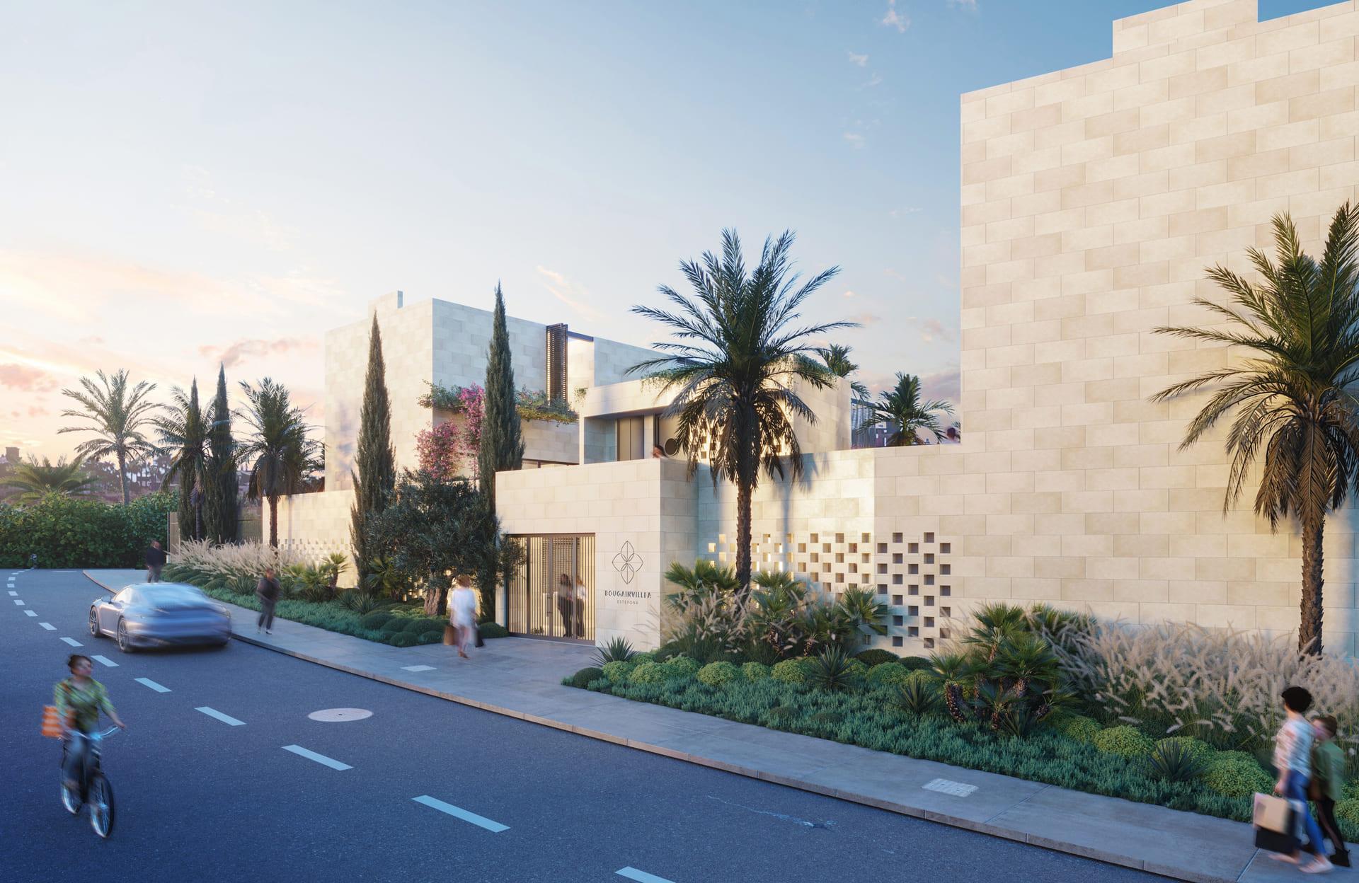 Communal landscaped area at new-build apartment complex, Nueva Milla De Oro