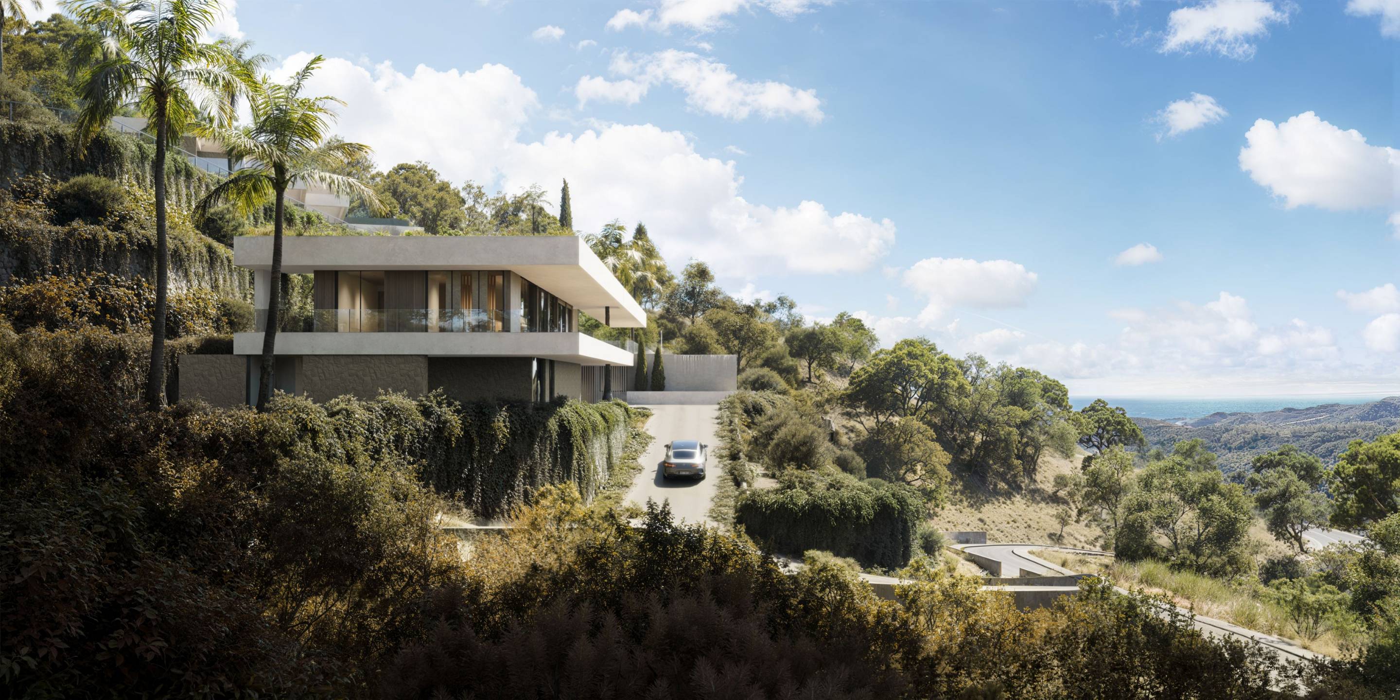 Private pool and exterior rear elevation of new-build villa, Montemayor-Marbella Club, Benahavis