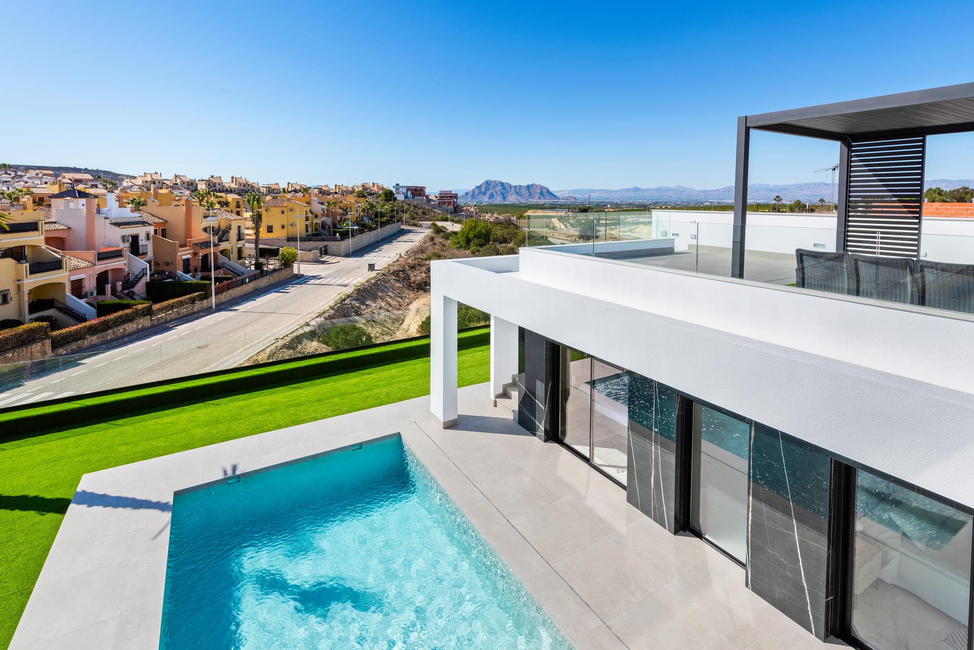 Exterior lighting and facade detail on new-build villa, Algorfa