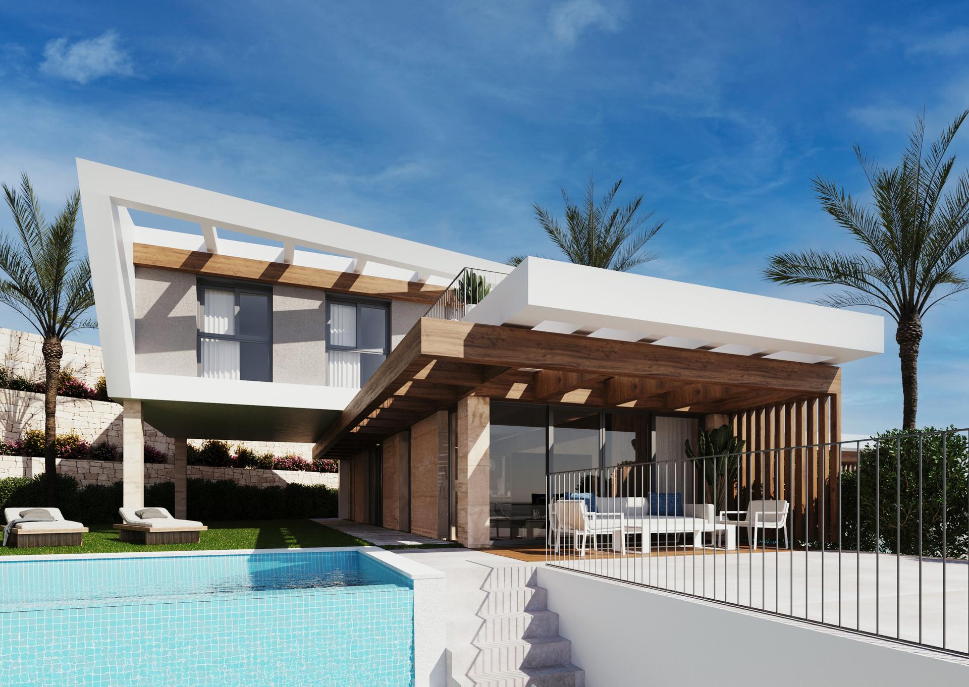 Front facade of 4-bedroom new-build villa in Pla de Cantal, Polop, showing main entrance and glazed windows
