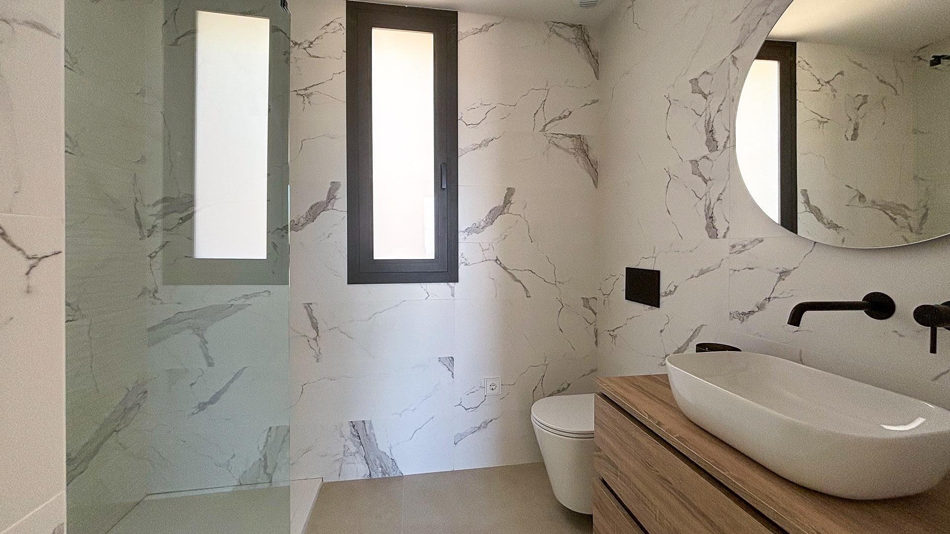 Interior render of bathroom with walk-in shower, 4-bedroom villa Pla de Cantal