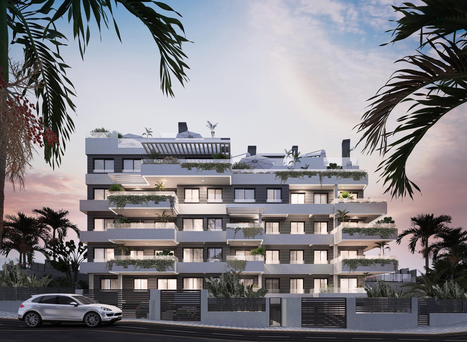 Open-plan living and dining area in 3-bedroom new-build penthouse, Las Mesas, Estepona