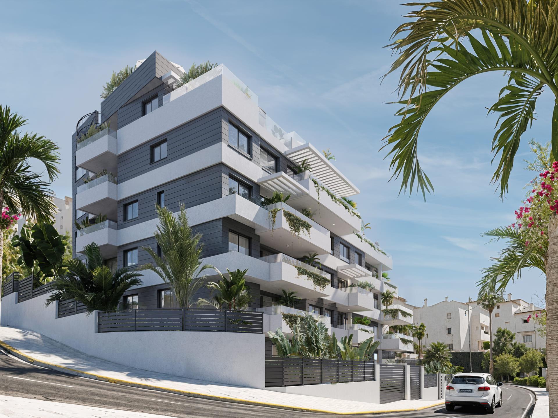Communal pool at new-build residential development in Las Mesas, Estepona