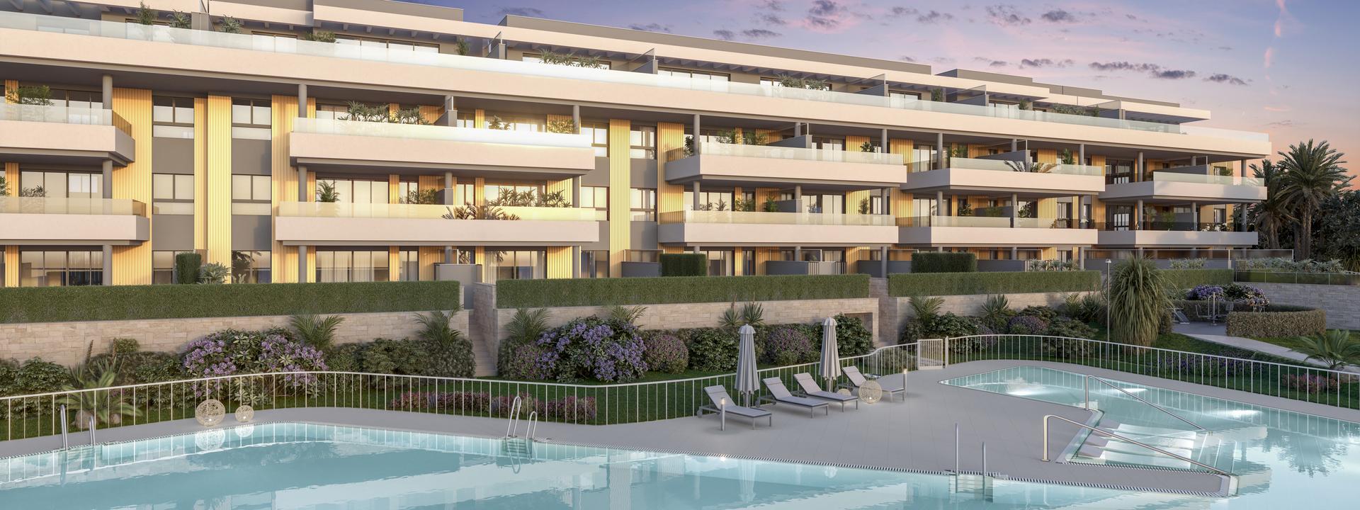 Third-floor exterior of new-build development showing penthouse level, El Pinillo, Torremolinos