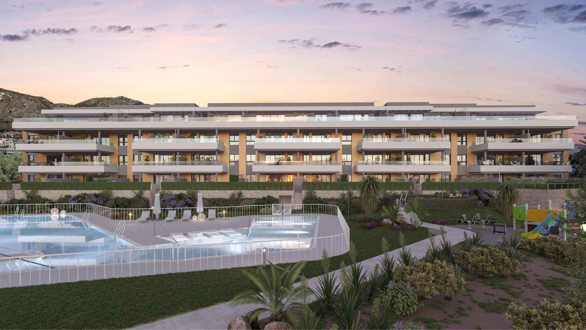 Communal area of new-build development at dusk, El Pinillo, Torremolinos