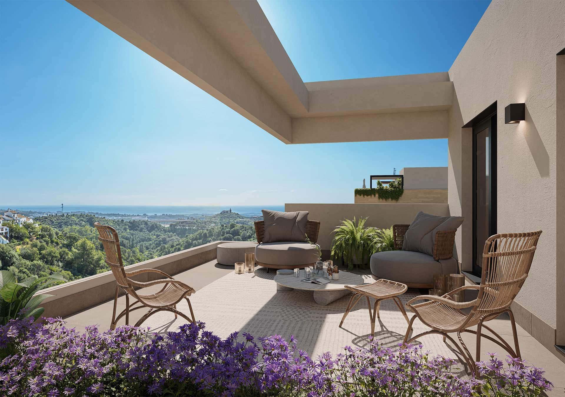 Facade of four-storey new-build residential building, Alto de los Monteros, Marbella