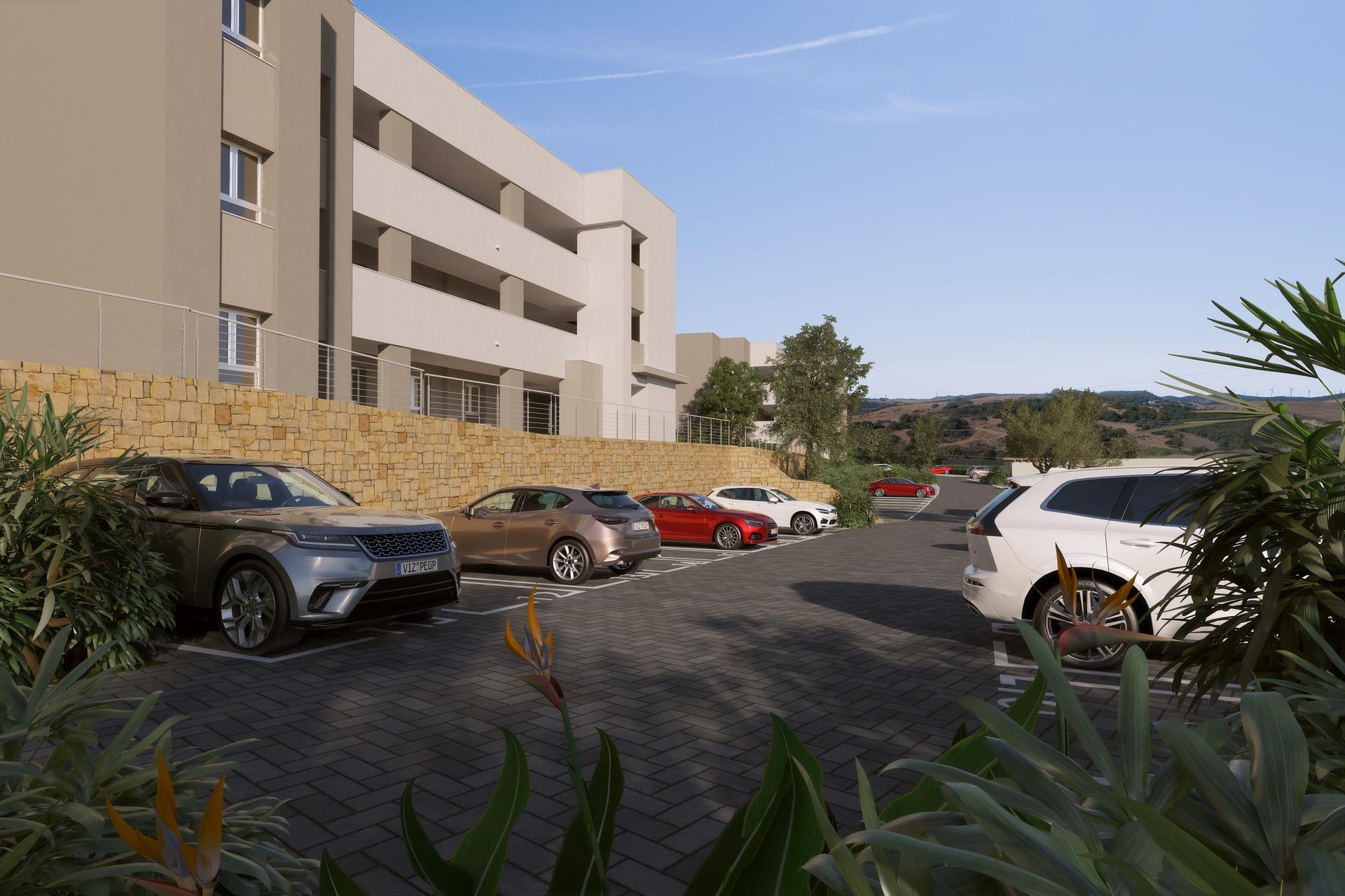 Living room view toward kitchen in new-build apartment, Estepona Golf