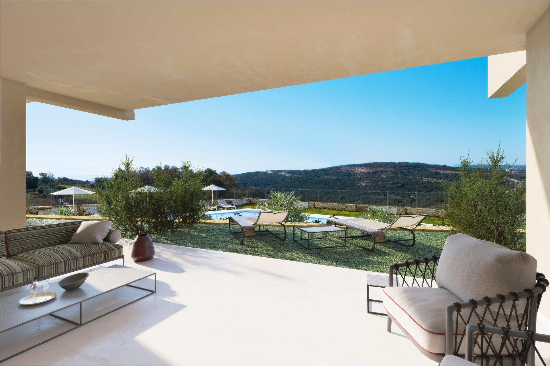 Living room with large windows in new-build apartment, Estepona Golf