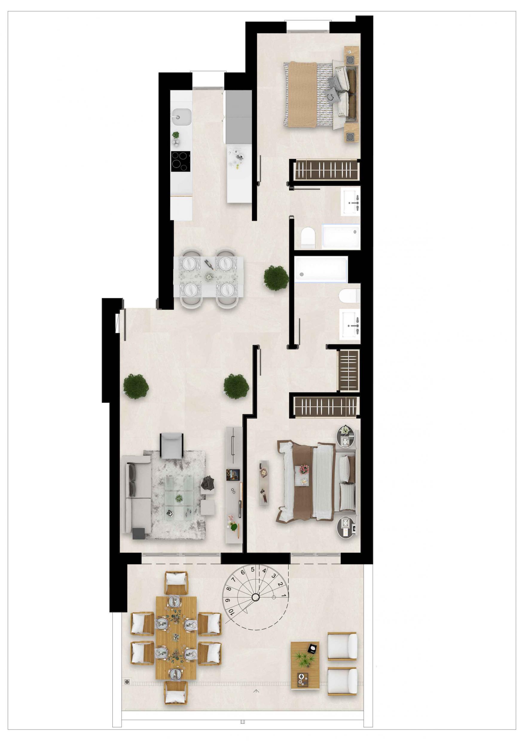 Floor plan of 2-bedroom first-floor apartment, Estepona Golf, Estepona