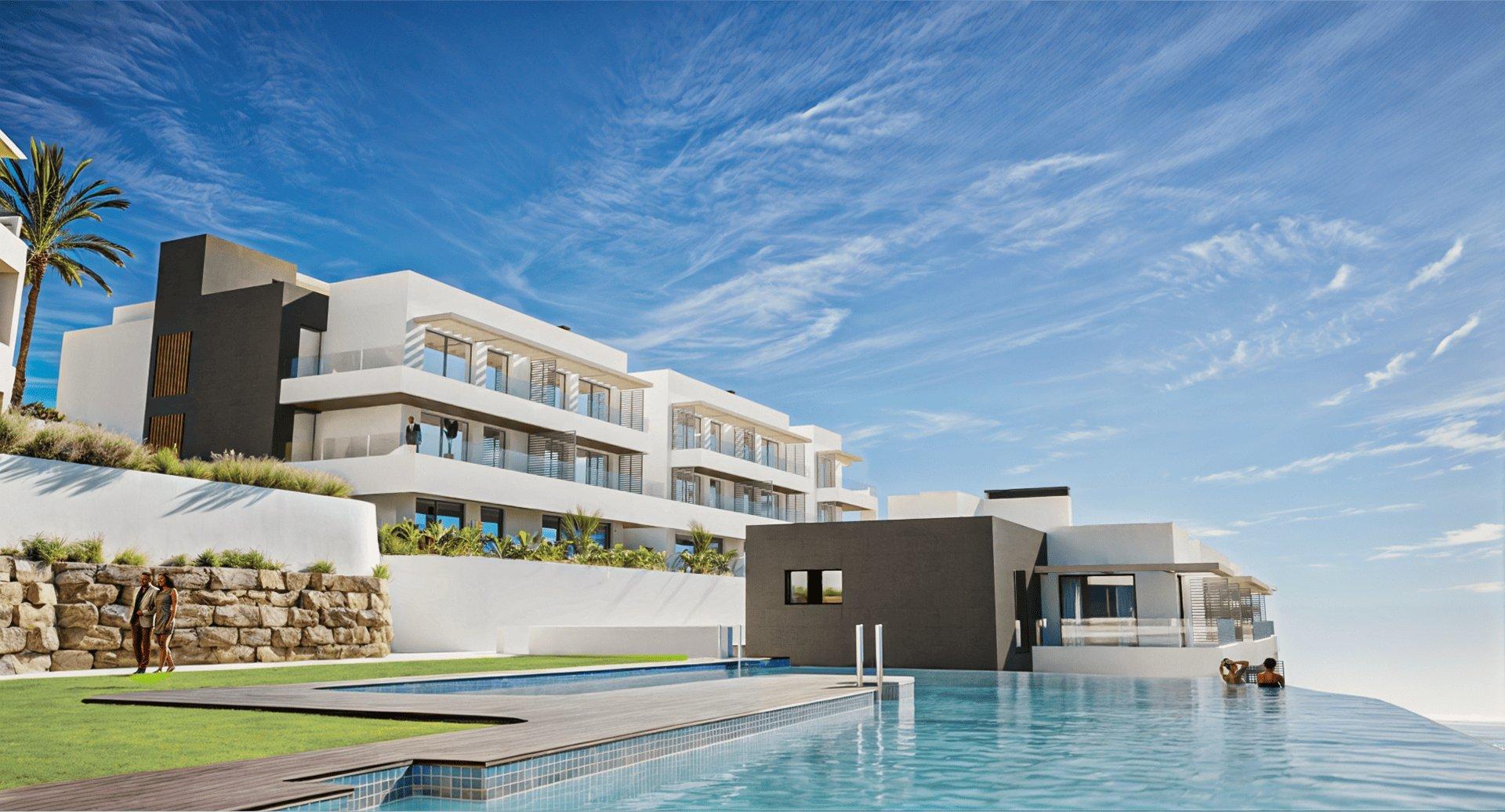 Communal solarium at new-build development, Bahia de las Rocas, Manilva