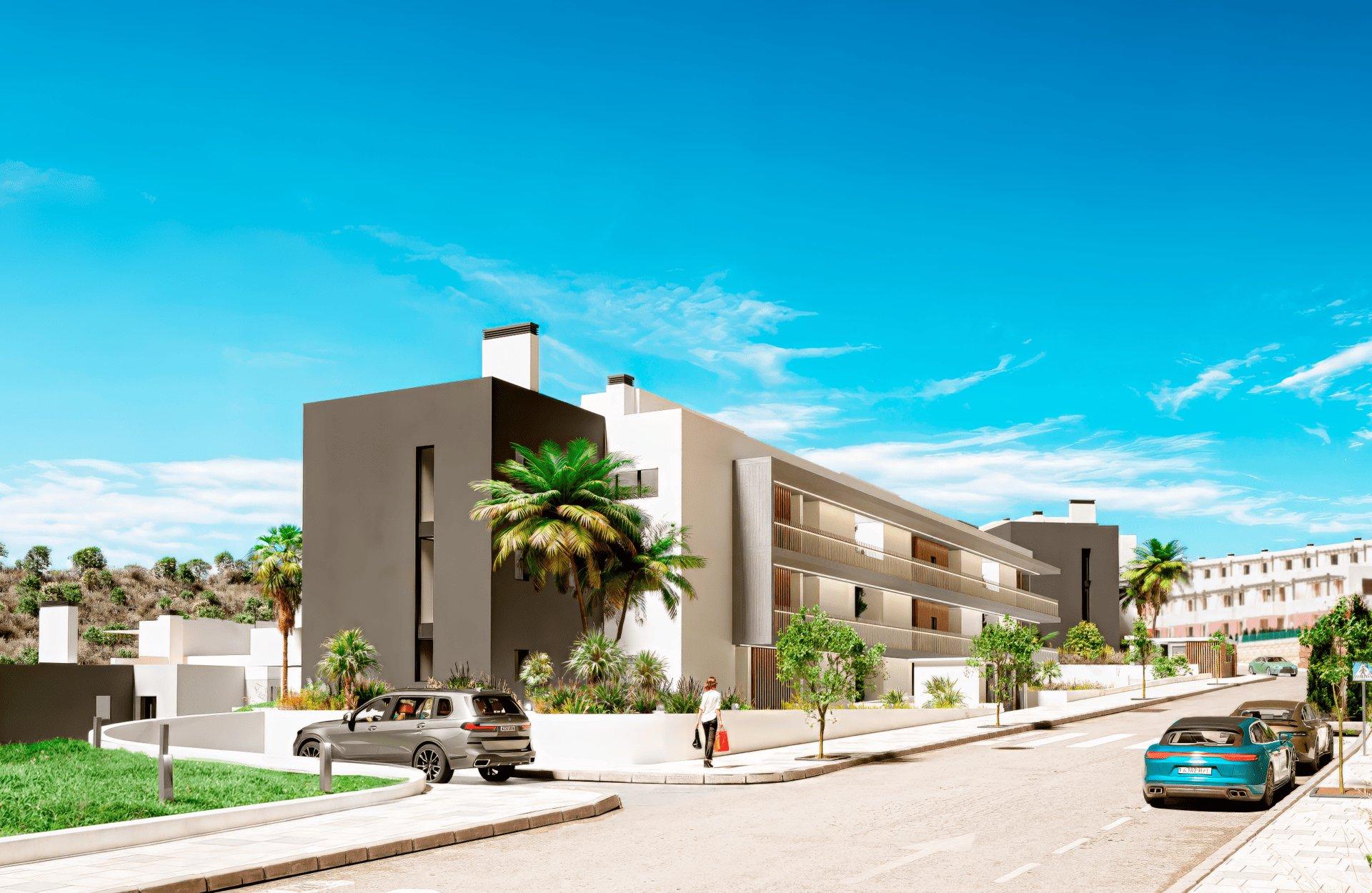 Facade of 2-storey new-build residential development, Bahia de las Rocas, Manilva