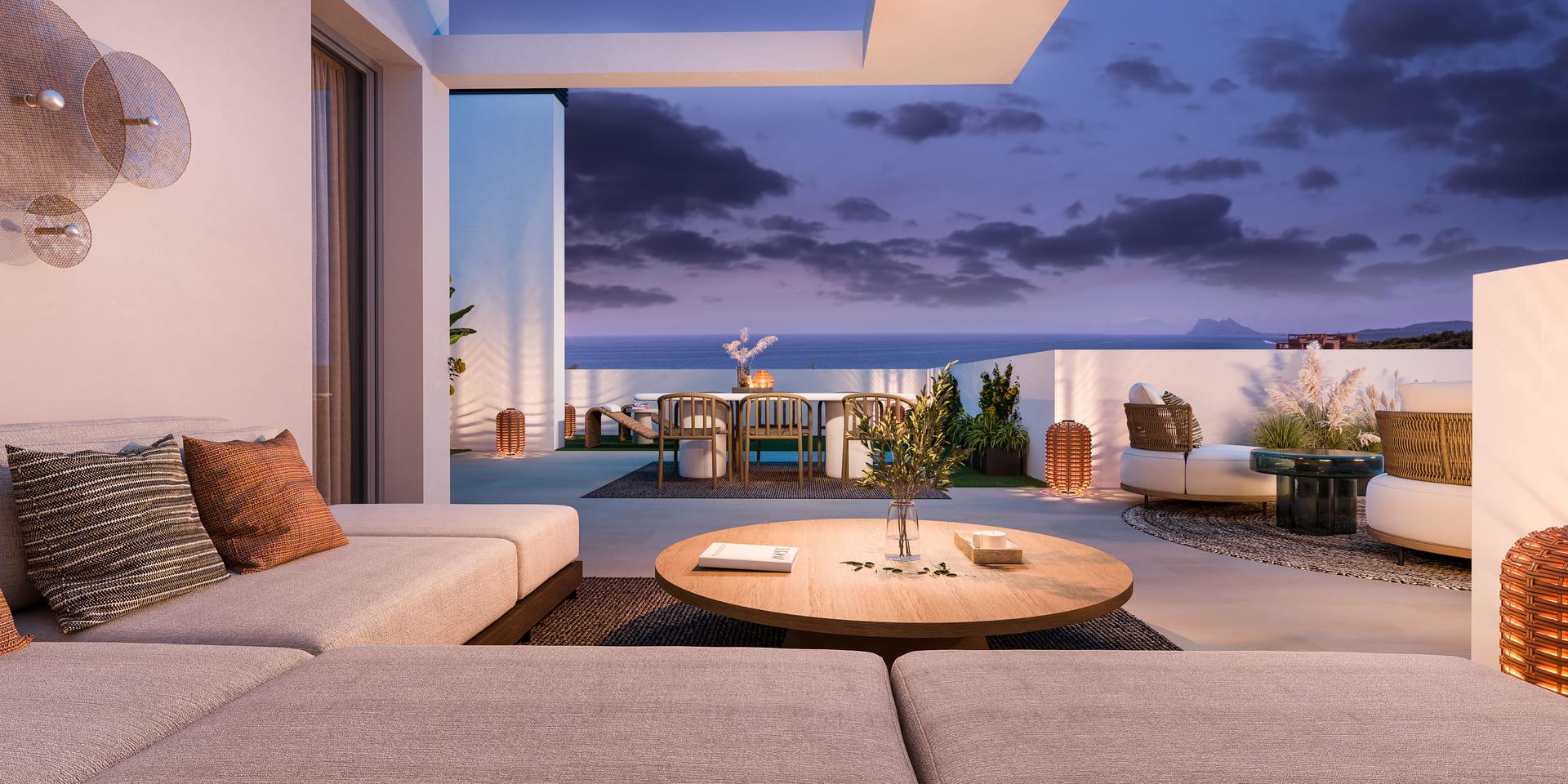 Terrace area of ground-floor apartment in new-build development, Bahia de las Rocas, Manilva