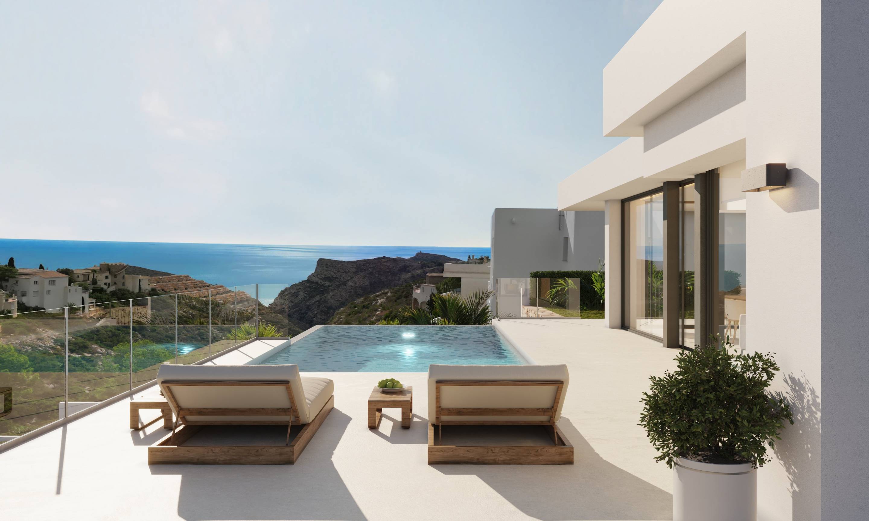 Side elevation of new-build villa showing garden, Cumbre del Sol