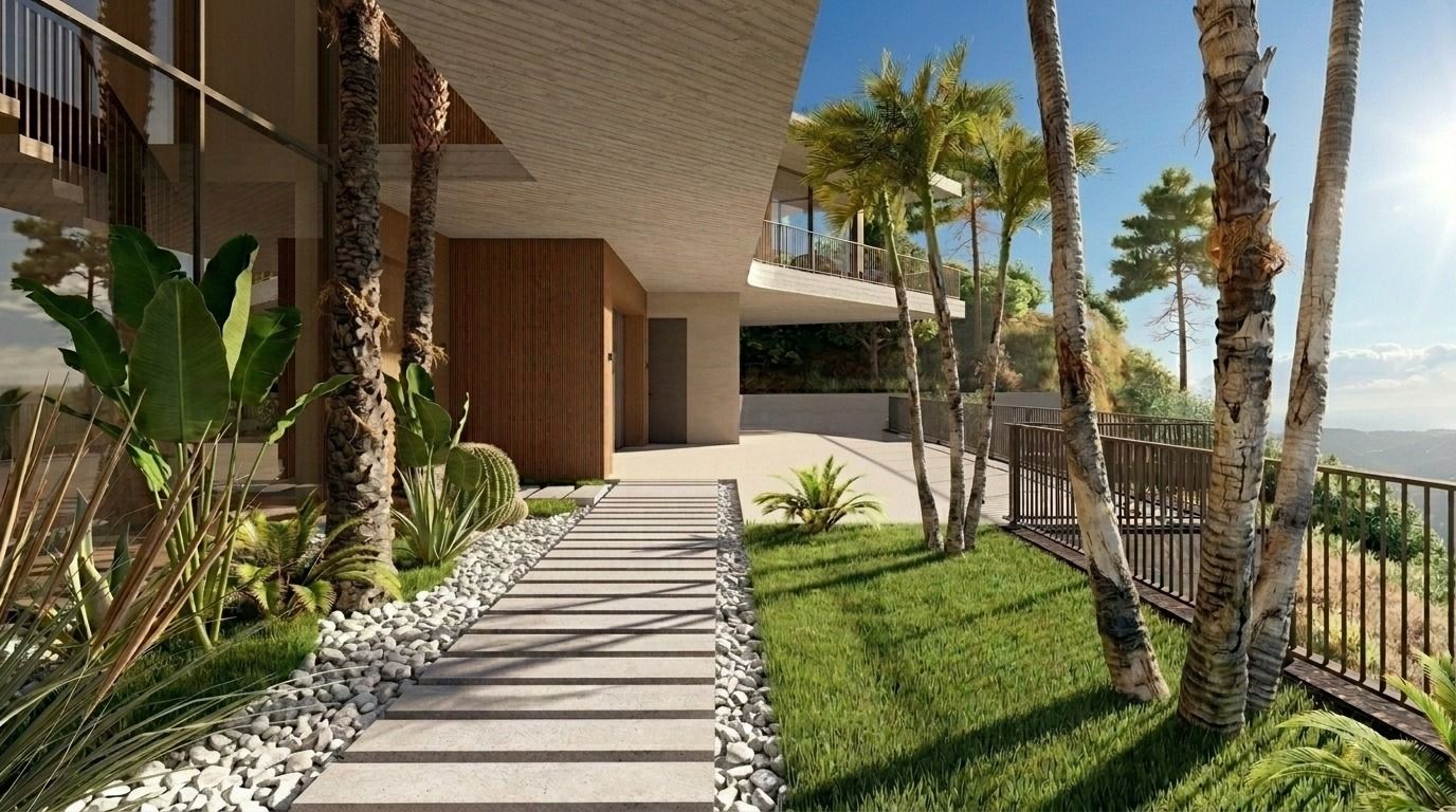 Driveway and front elevation of new-build villa in Montemayor-Marbella Club, Benahavis