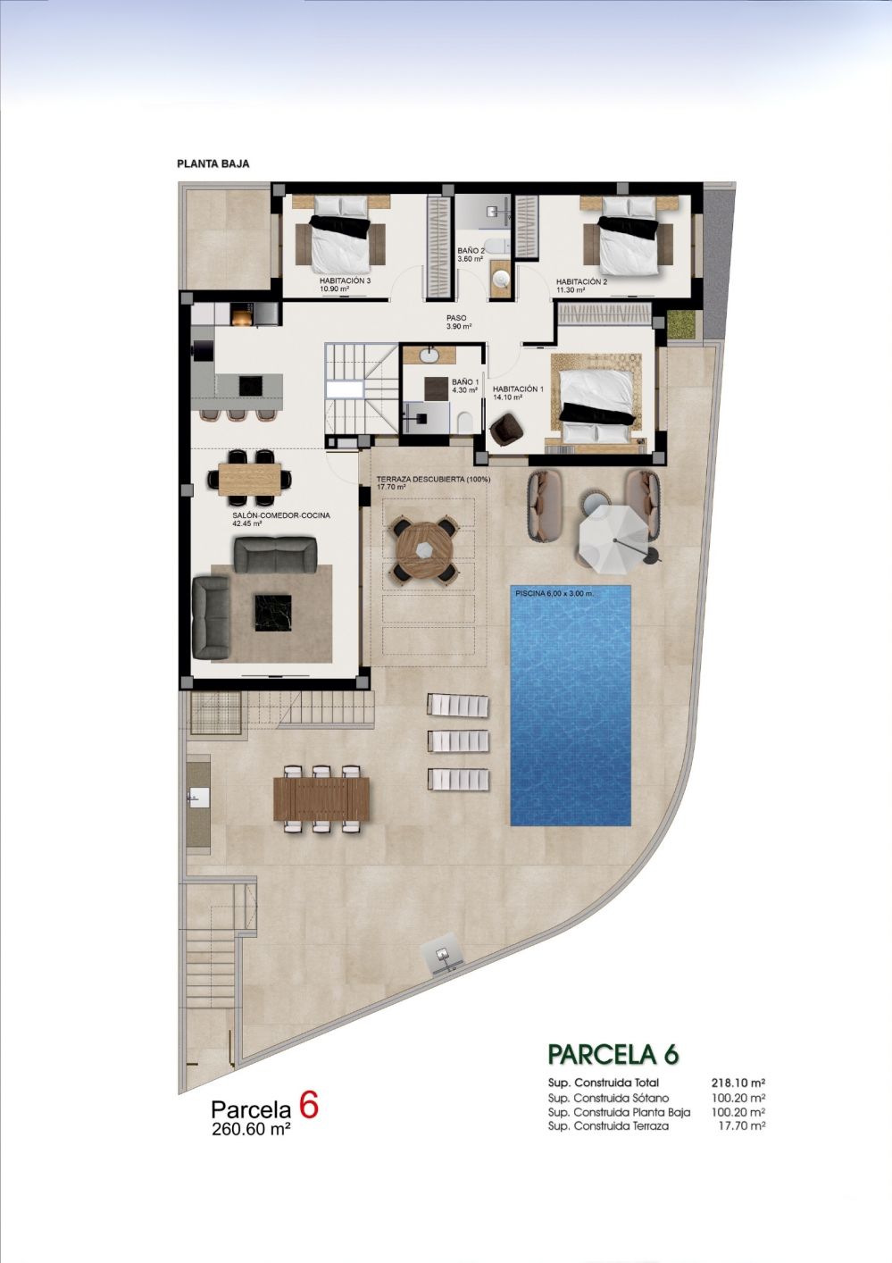 Site plan showing 260m2 plot boundary, new-build villa in Benijofar