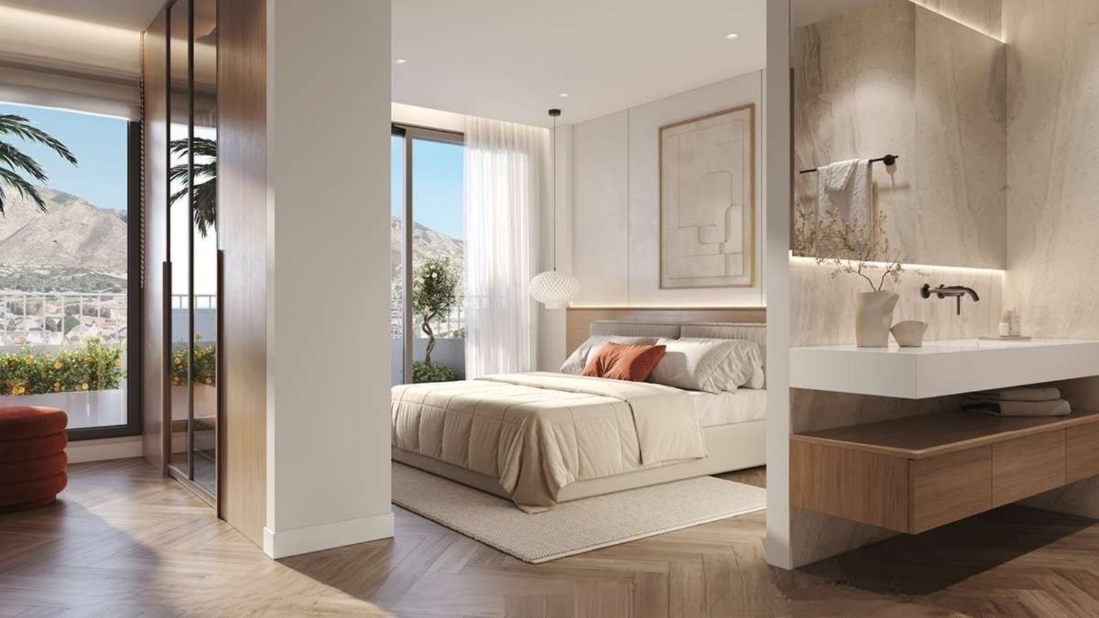 Main bedroom with built-in wardrobes in ground-floor new-build apartment, El Pinillo, Torremolinos
