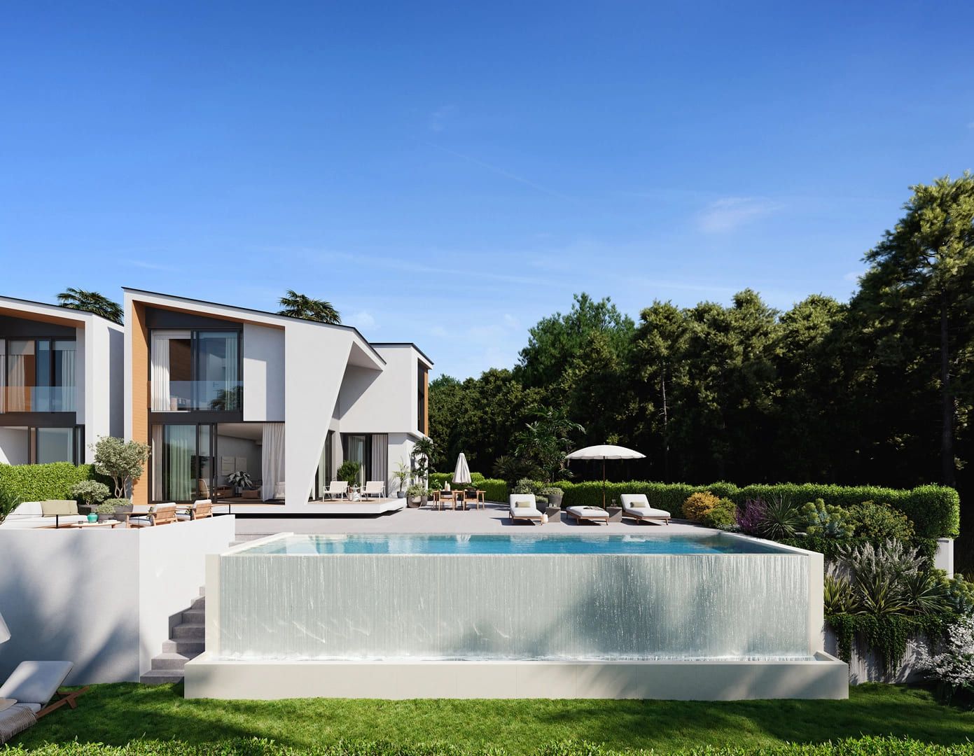 Landscaped private garden with planted borders at a new-build villa, Calaburra
