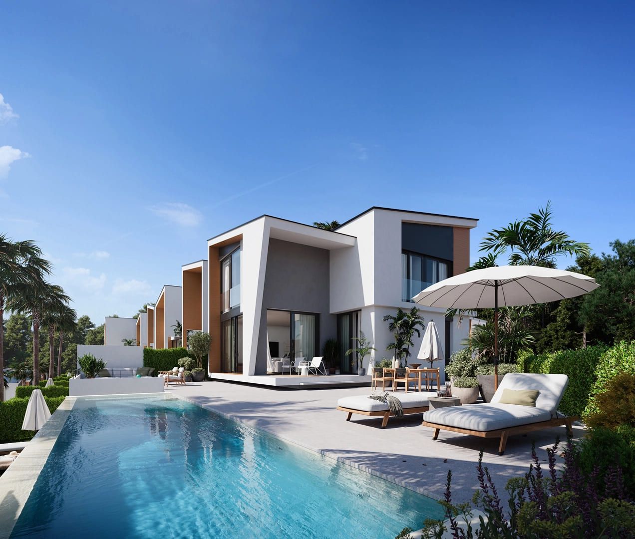 Exterior facade with natural wood accents on a new-build villa in Calaburra