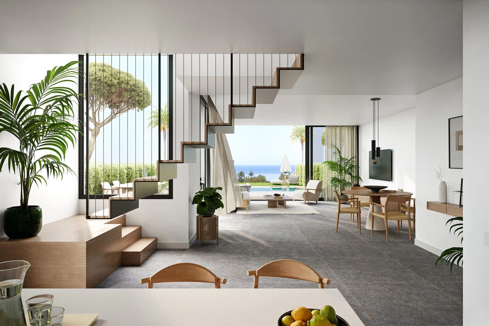 Kitchen with central island and integrated appliances in a new-build villa, Calaburra