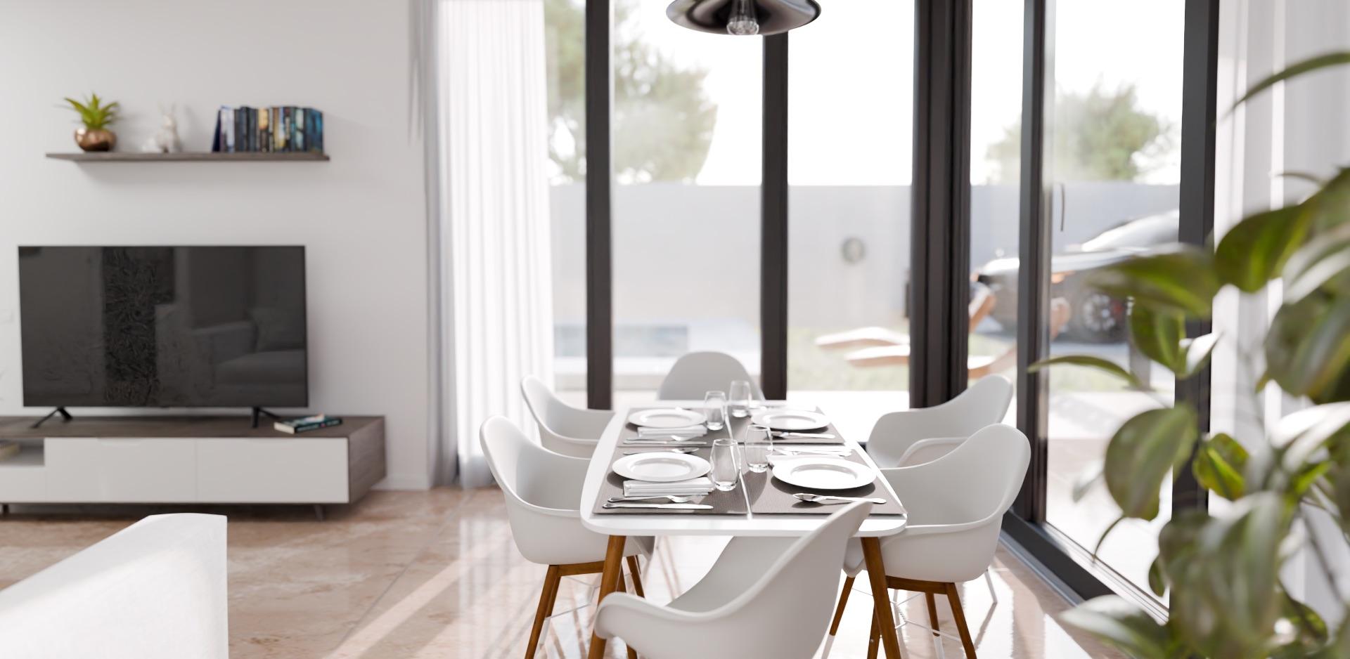 Open-plan living and dining area with porcelain stoneware floors in new-build villa, Monte y Mar