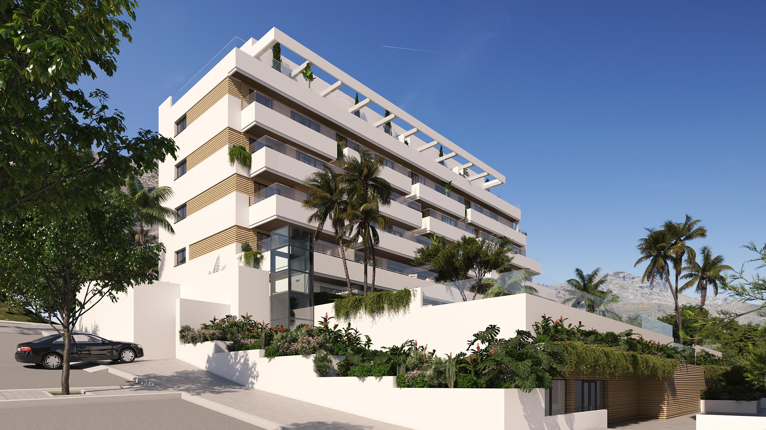 View from terrace of communal green space, El Pinillo new-build, Torremolinos