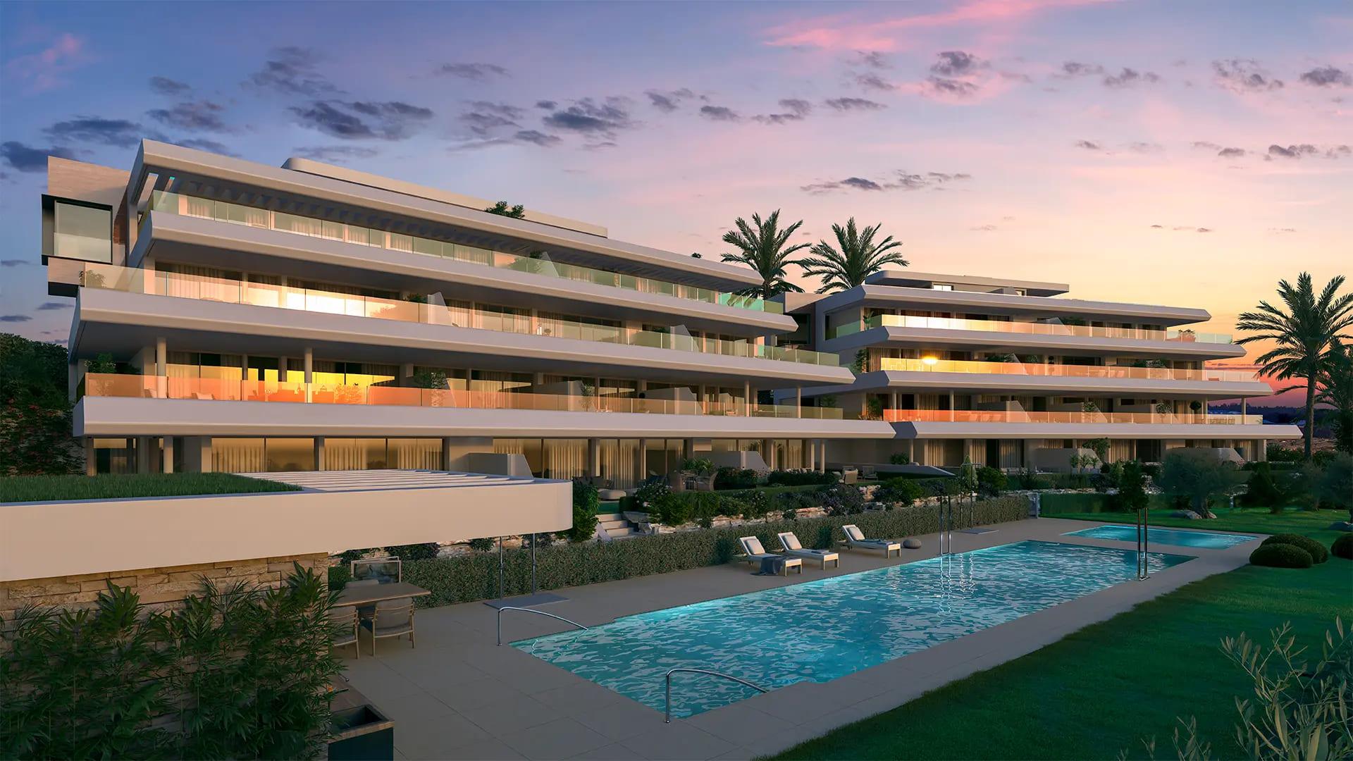Landscaped grounds and building exterior of new-build development, La Galera, Estepona