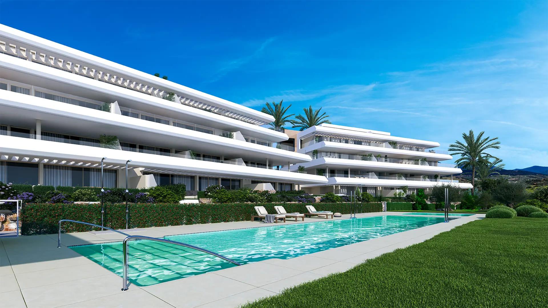 Main bedroom with floor-to-ceiling windows in 2-bedroom penthouse, La Galera, Estepona