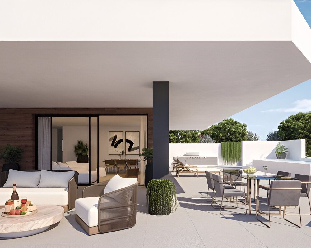 Communal garden and landscaped exterior in new-build development, El Higuerón, Fuengirola