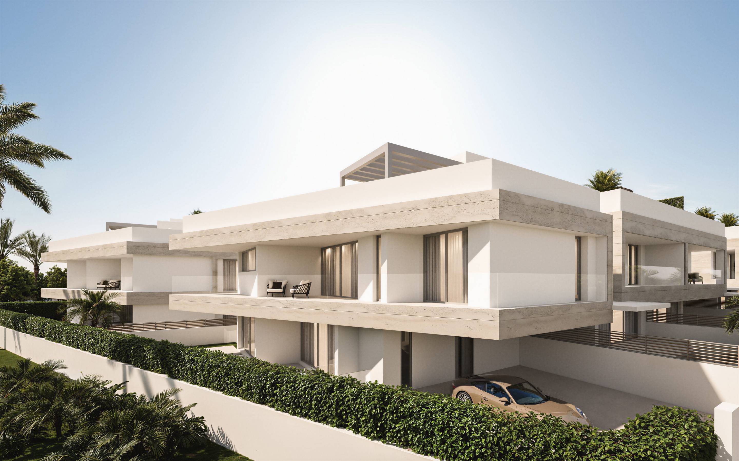 Outdoor lounge area on rooftop solarium, new-build villa, San Pedro