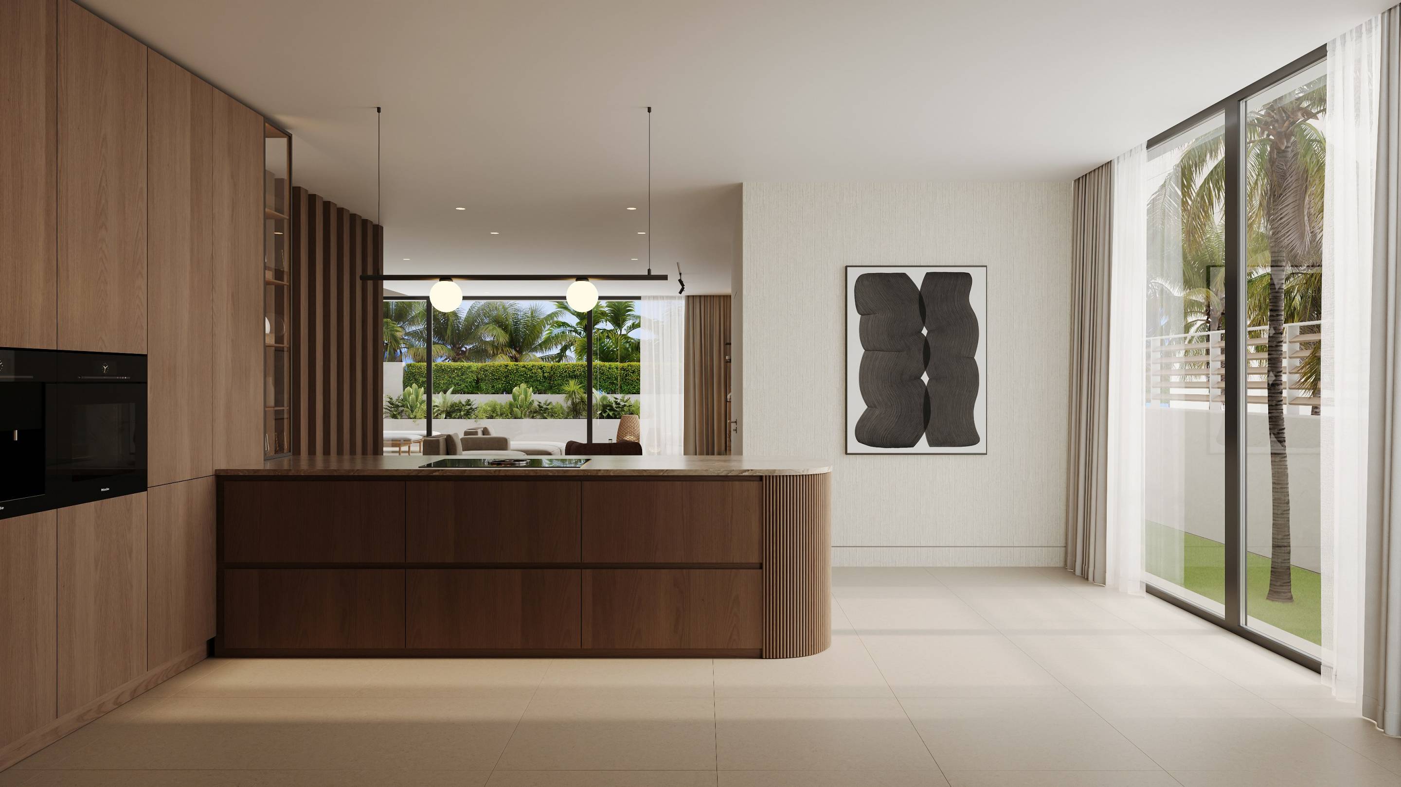 Illuminated pool and terrace at dusk, new-build villa, San Pedro, Marbella