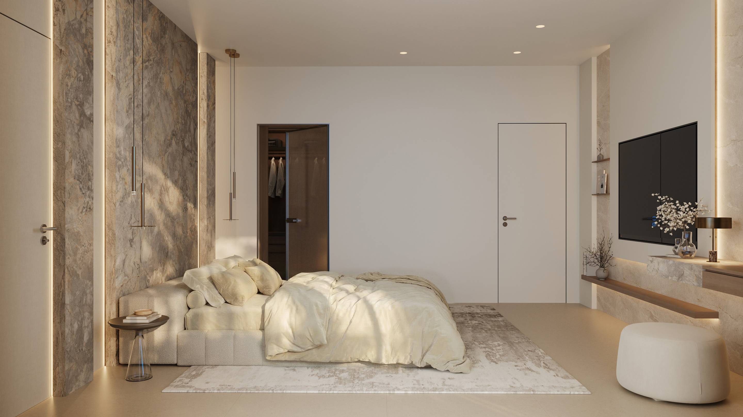 CGI render of master bedroom interior, new-build villa, San Pedro