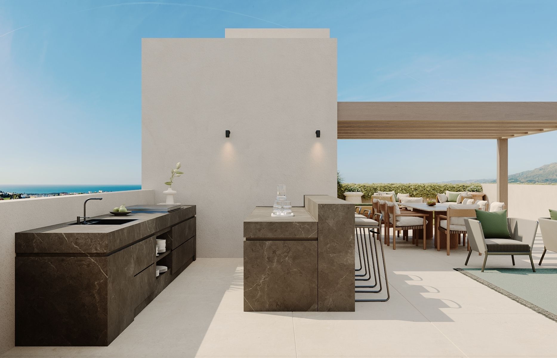 Kitchen island and dining space in 5-bedroom new-build villa, San Pedro