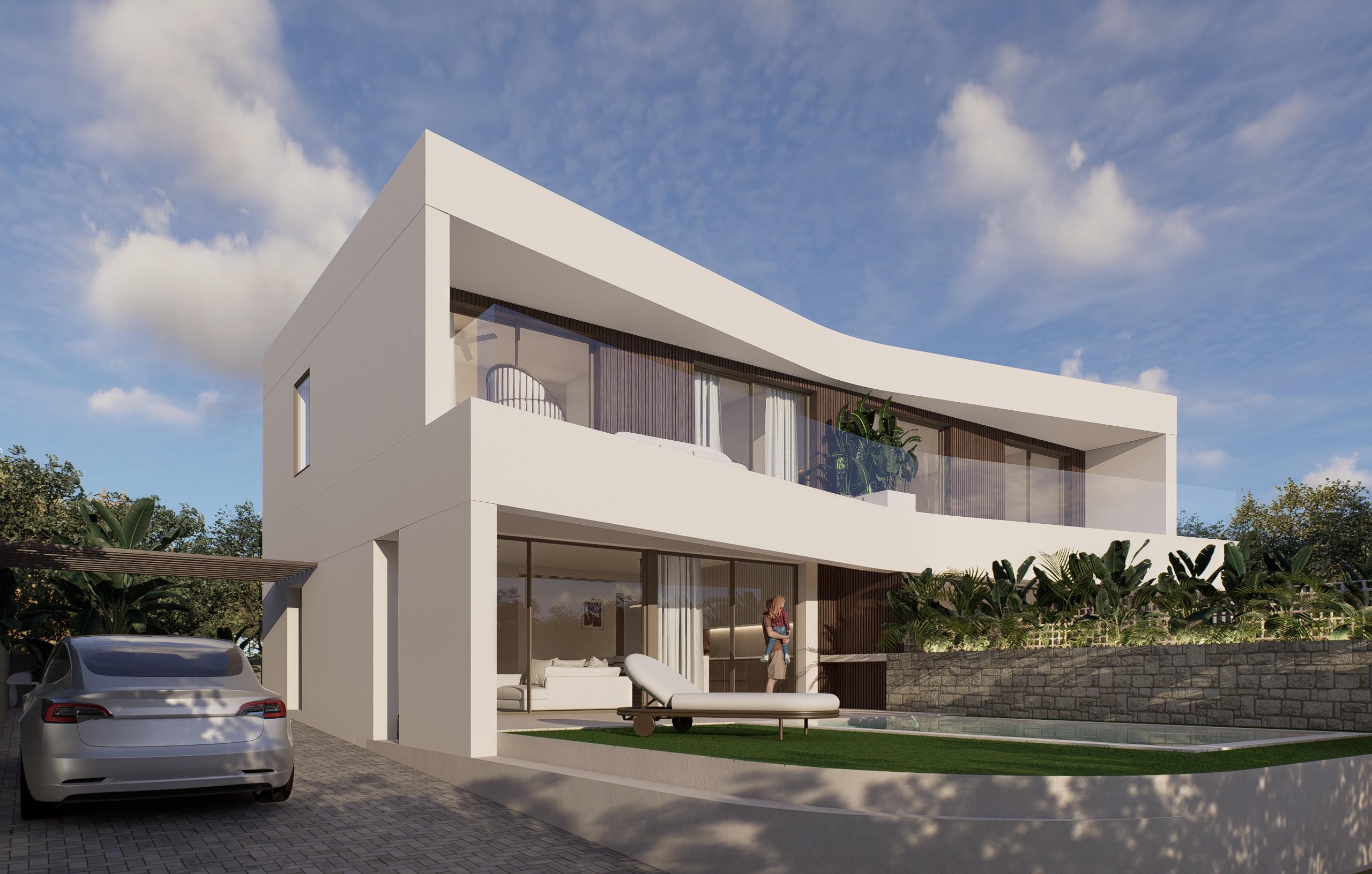 Open-plan kitchen and dining area with fitted appliances in new-build villa, Monte y Mar