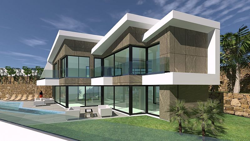 Side elevation of new-build villa showing garden and plot, Maryvilla, Calpe