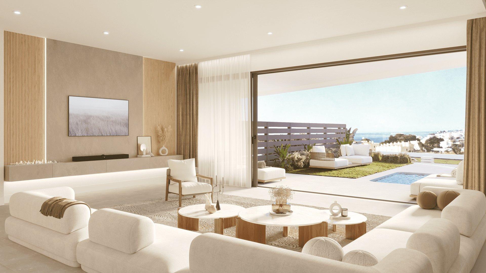 Living room with large windows in new-build townhouse, El Higuerón, Fuengirola