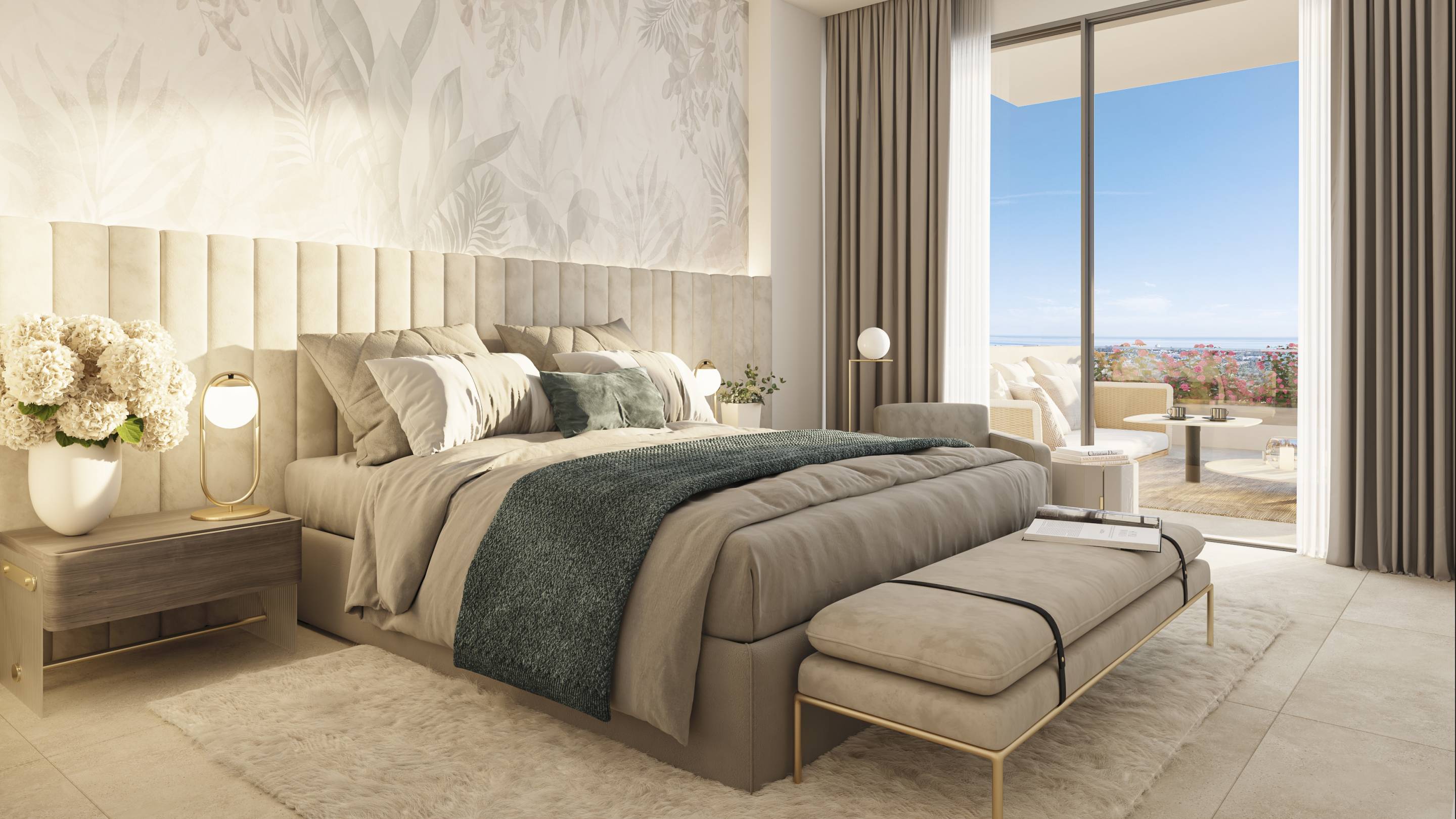Master bedroom with large windows in 3-bedroom penthouse, La Quinta, Benahavis