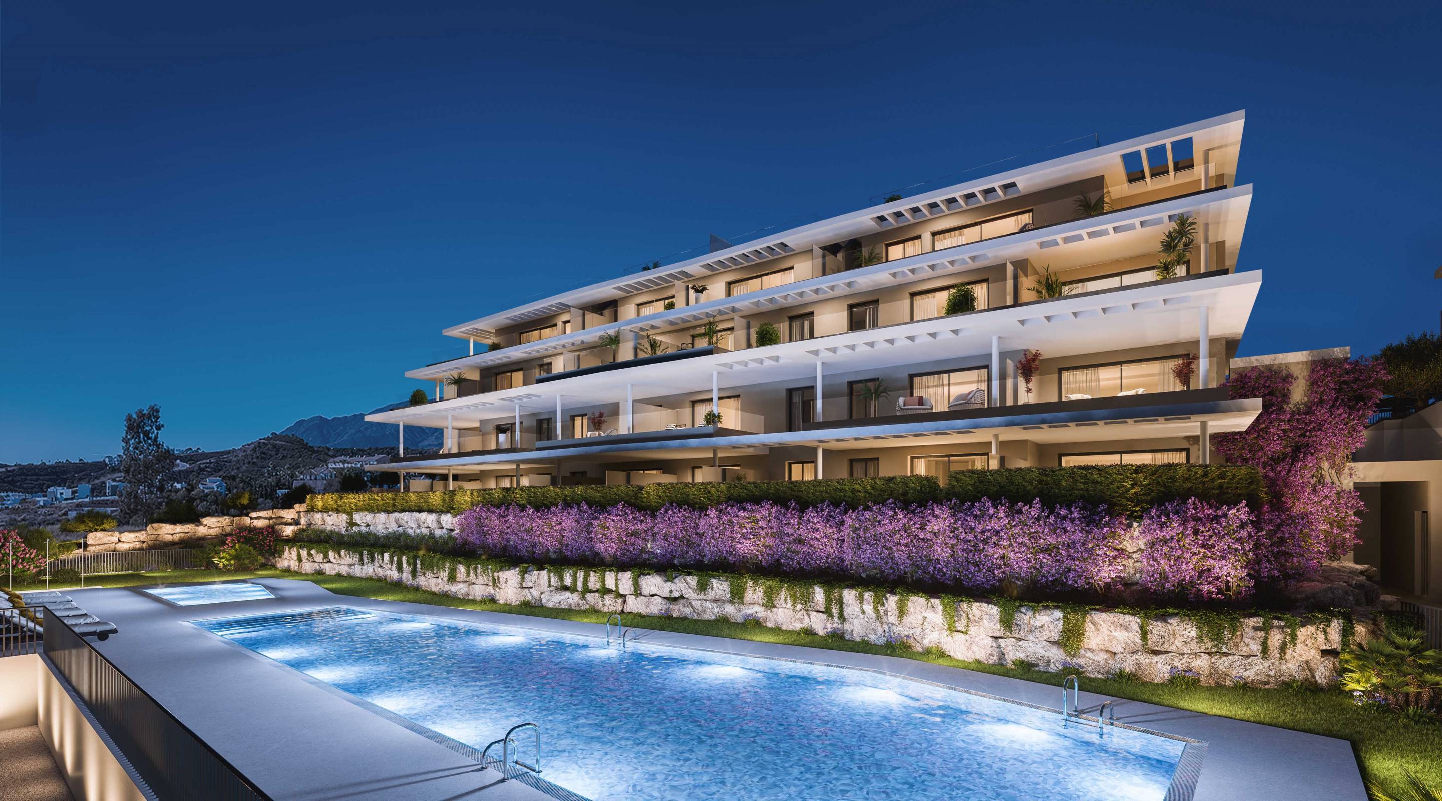 Communal pool area of new-build development, La Concha-Resina Golf, Estepona