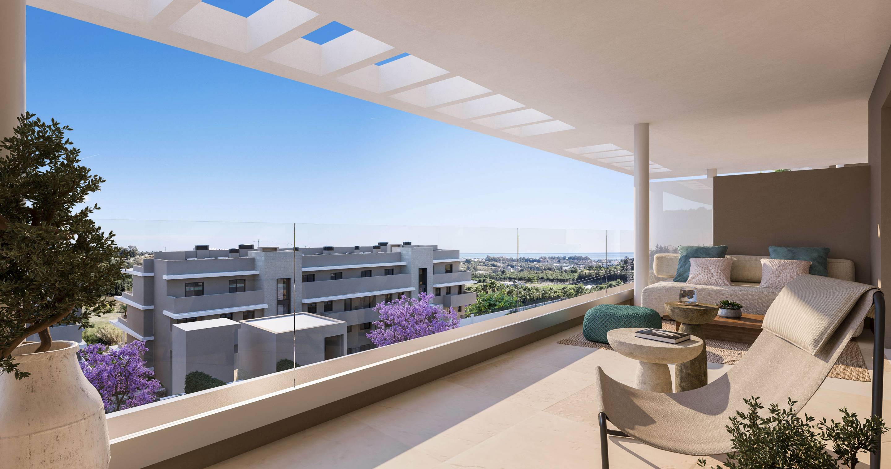Living room with electric shutters in new-build penthouse, La Concha-Resina Golf