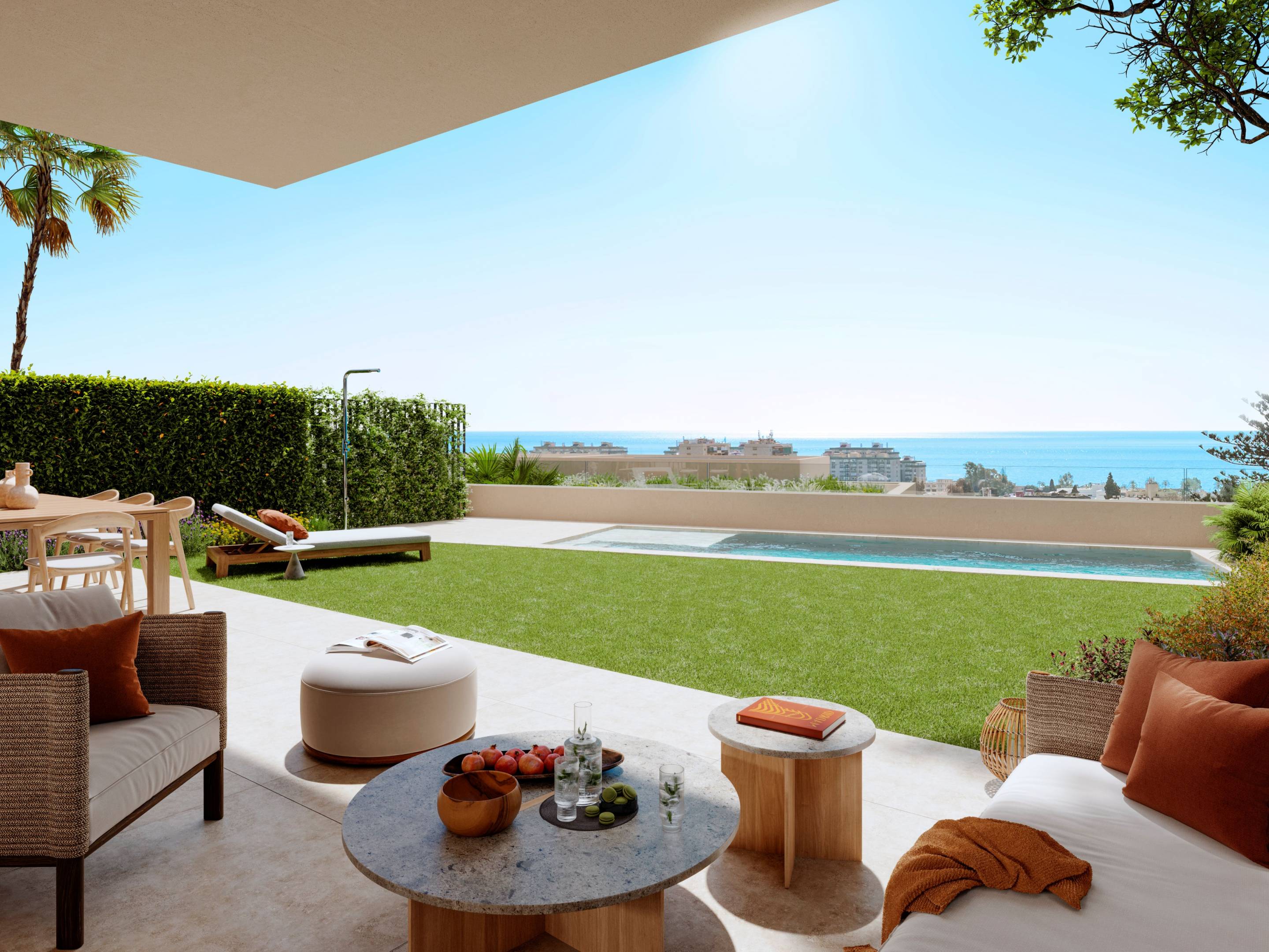 Dining area with large windows in new-build townhouse, Málaga
