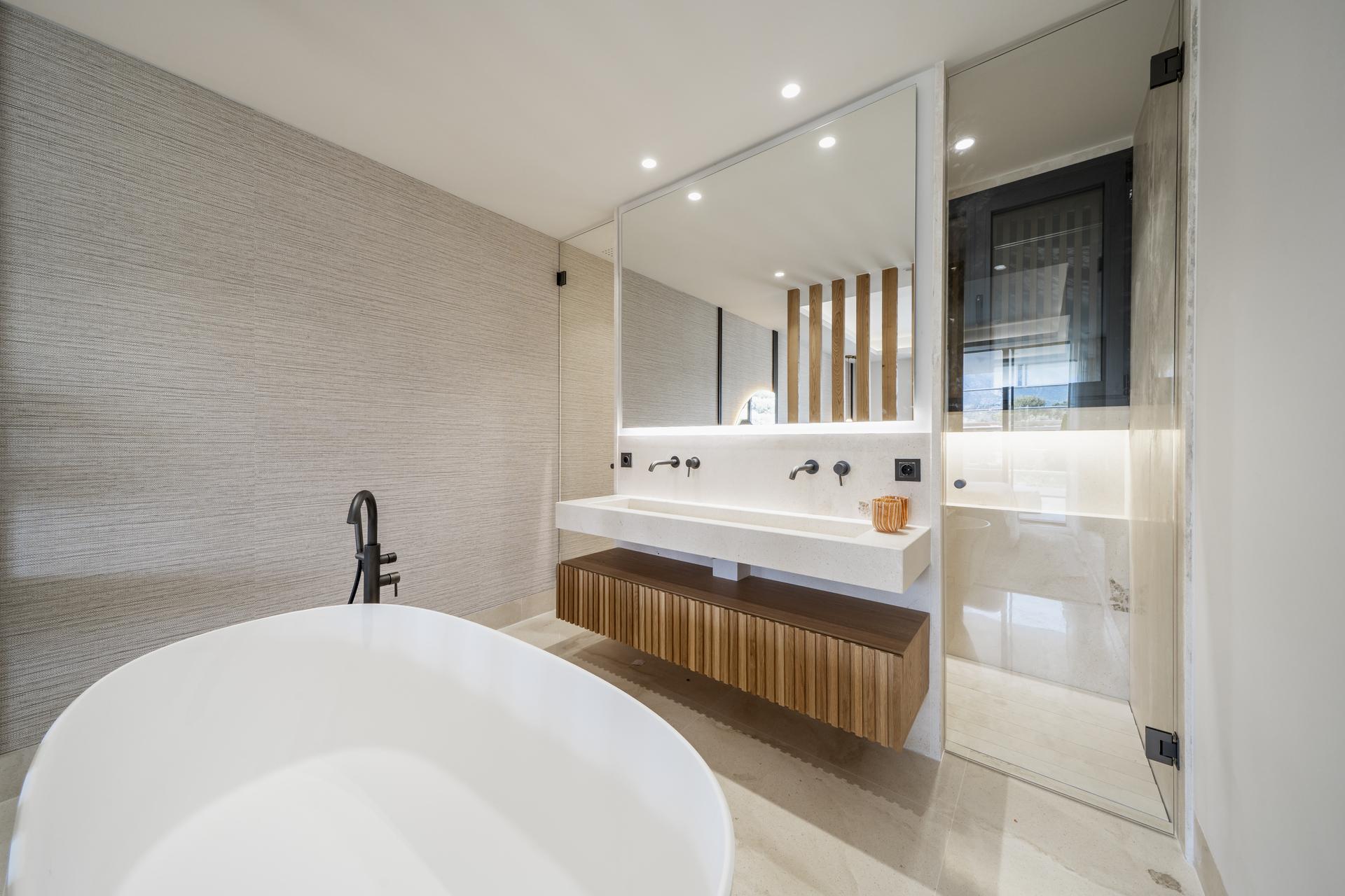 Bathroom vanity unit and mirror in new-build apartment, Aloha, Marbella
