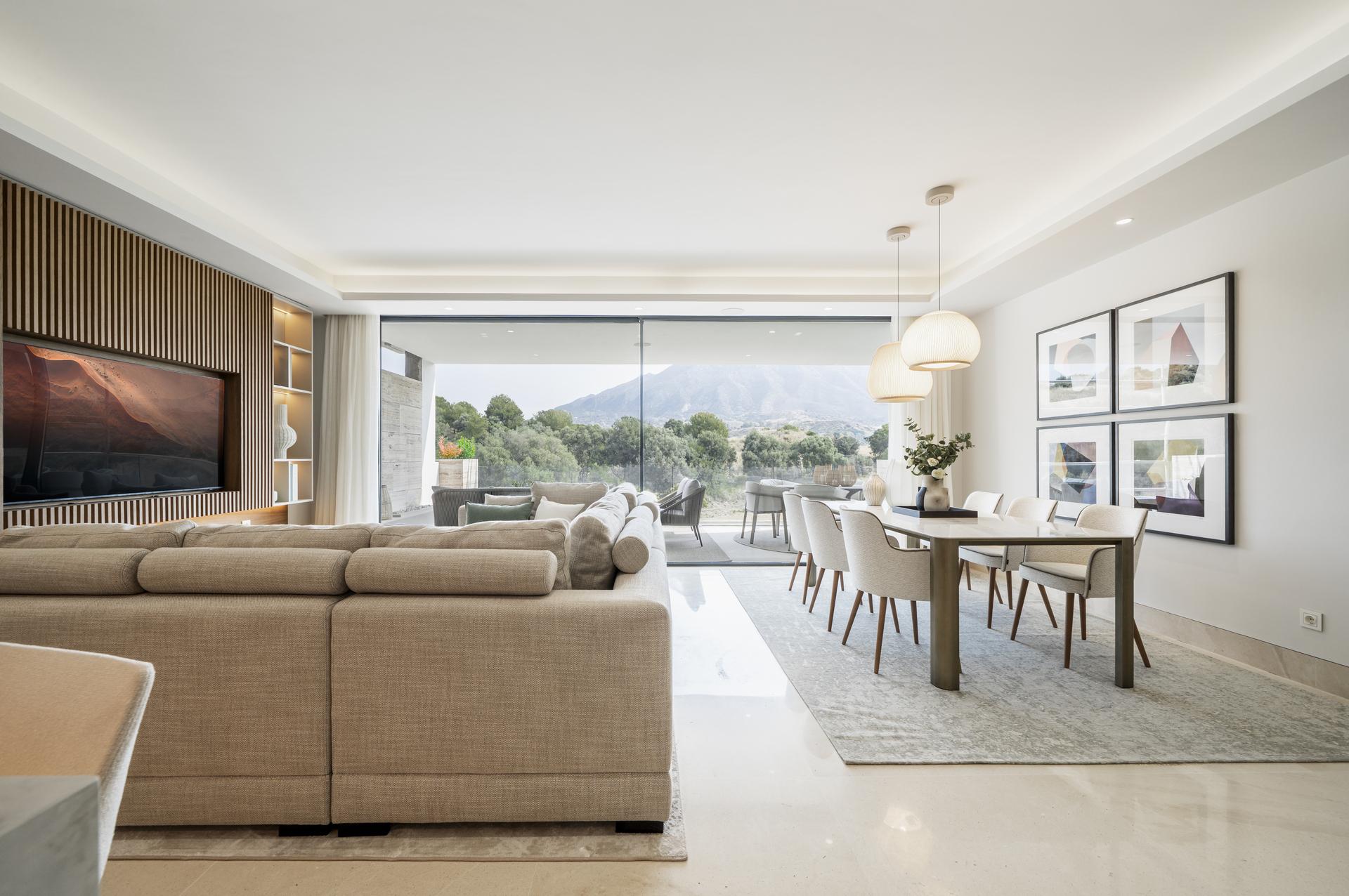 Landscaped communal garden and walkway in new-build complex, Aloha, Marbella