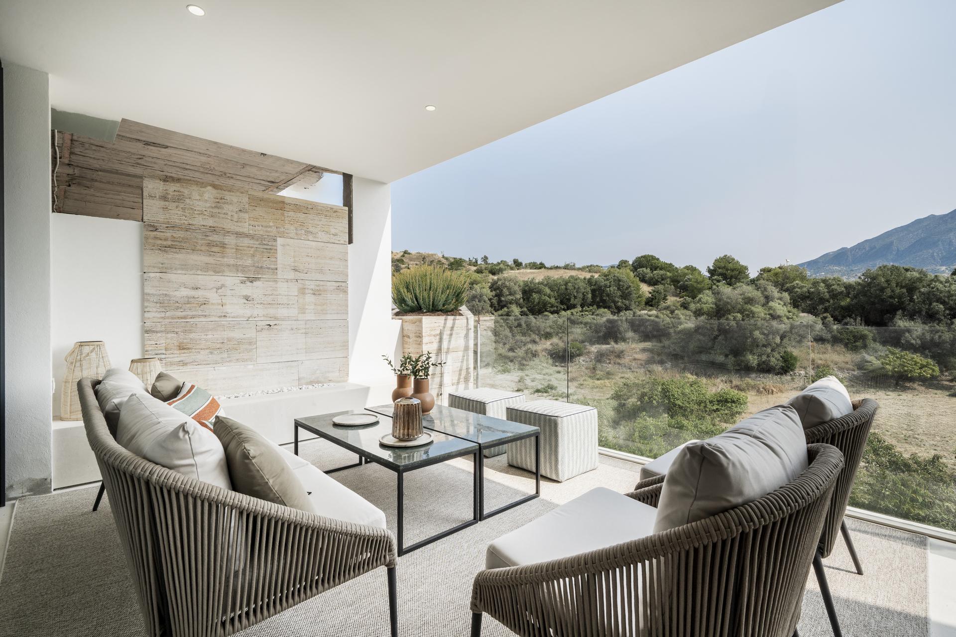 Evening exterior lighting on new-build apartment complex, Aloha, Marbella