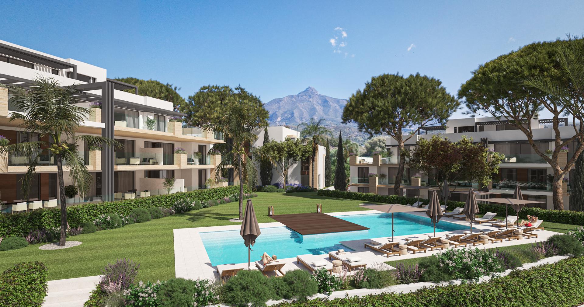 Main bedroom with floor-to-ceiling glazing in 2-bedroom new-build apartment, Aloha, Marbella