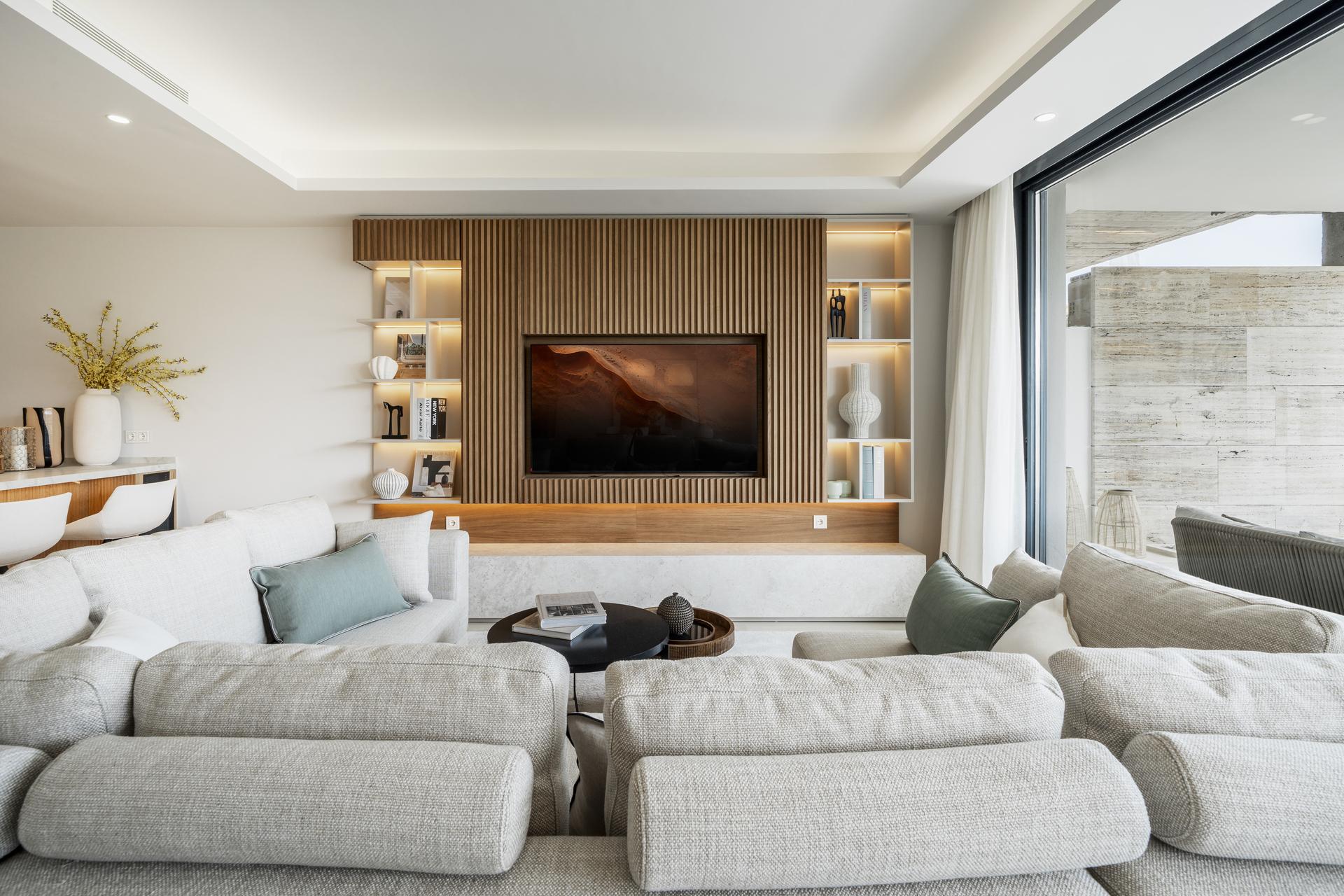 Interior render of kitchen showing island configuration, new-build apartment, Aloha, Marbella